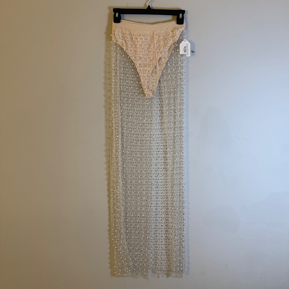 Hot & Delicious Luna Pearl Maxi Skirt Nude Rhinestone Mesh Sheer Large NEW